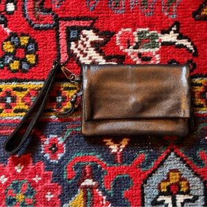 Johnny Was Elisa Laminated Suede Bronze Gold Leather Wristlet Clutch